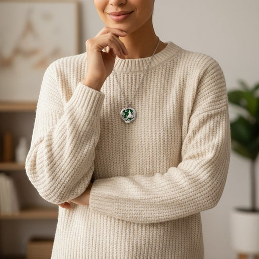 Collar Moment de acero quirúrgico con medallón aromaterapia y diseño de árbol de navidad sobre disco verde