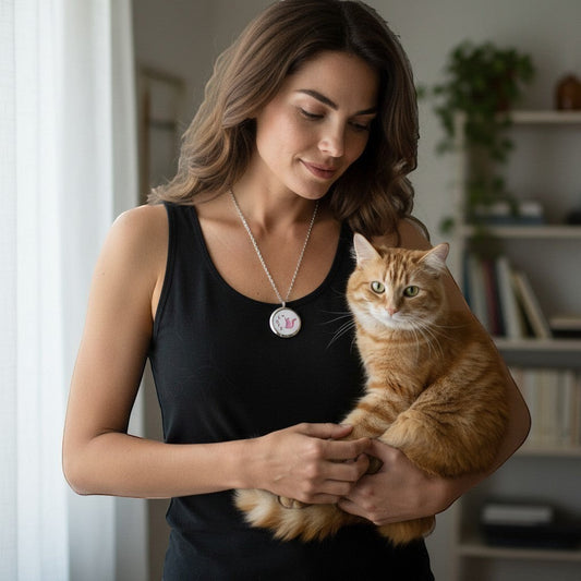 Mujer con camiseta negra sostiene un gato naranja usando un medallón perfumado Moment de acero inoxidable plateado.