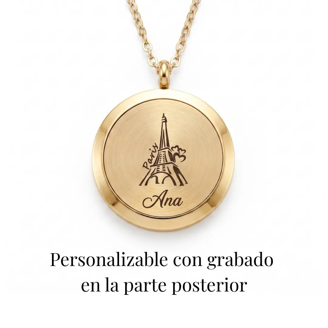Collar Moment con medallón perfumado de acero dorado y grabado personalizado de la Torre Eiffel y nombre Ana