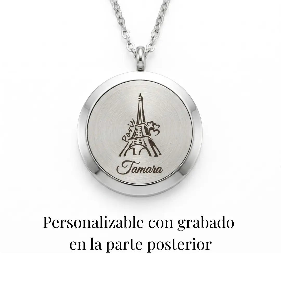 Medallón difusor Moment de acero inoxidable con grabado de la Torre Eiffel y nombre personalizado