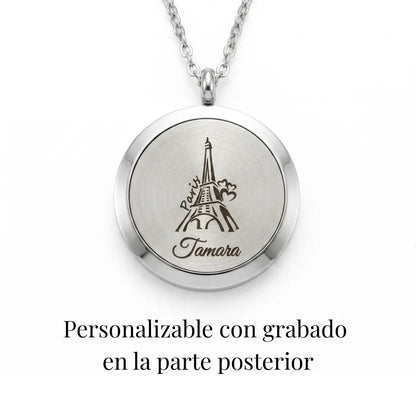 Medallón difusor Moment de acero inoxidable con grabado de la Torre Eiffel y nombre personalizado