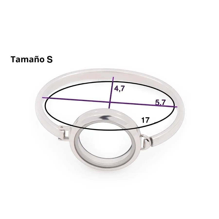 Brazalete Moment de acero quirúrgico con medallón de vidrio para figuras personalizables, talla S con medidas.
