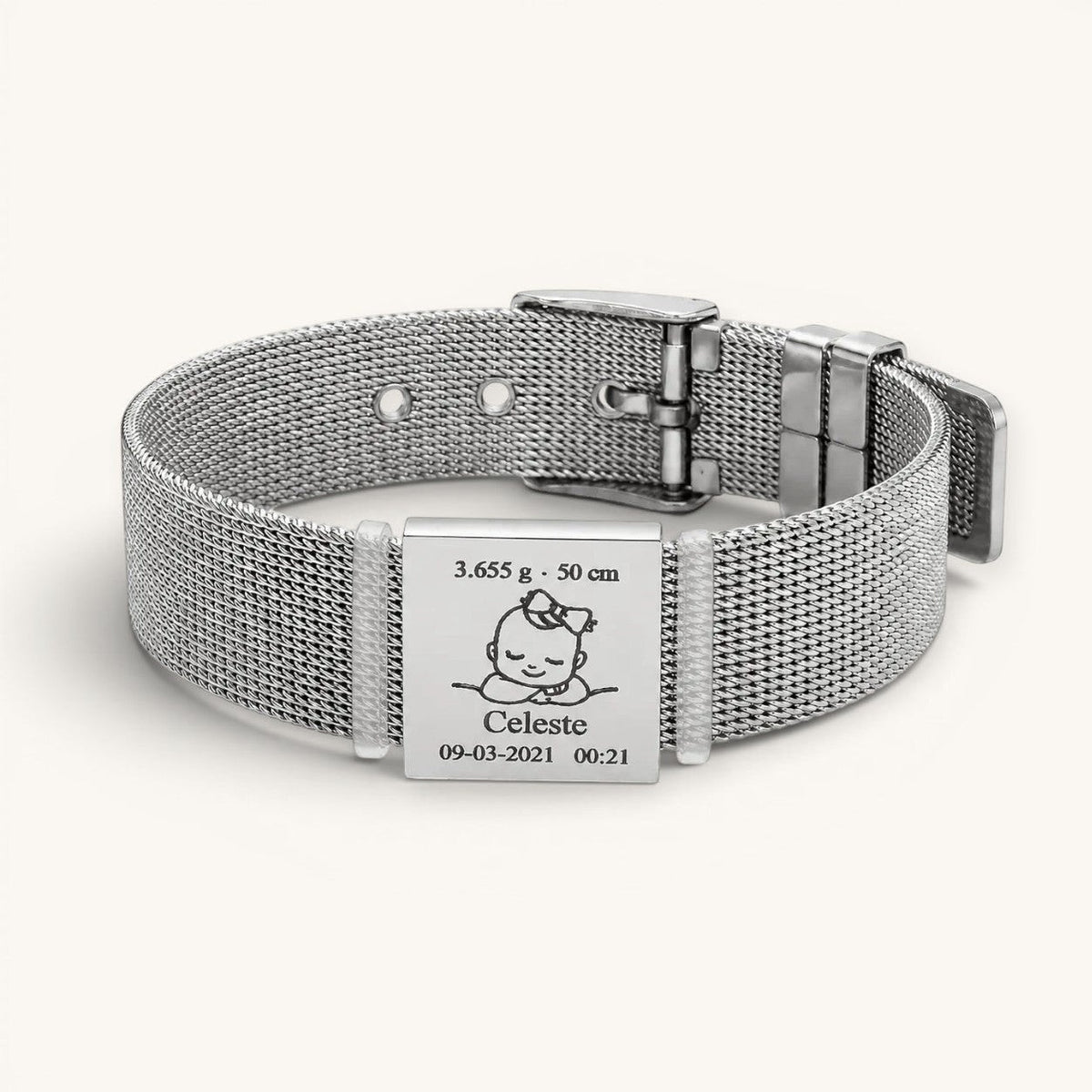 Brazalete Moment cuadrado plateado de acero inoxidable con grabado personalizado de bebé y fecha de nacimiento