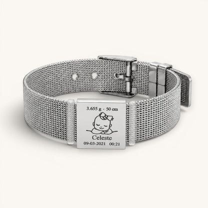 Brazalete Moment cuadrado plateado de acero inoxidable con grabado personalizado de bebé y fecha de nacimiento