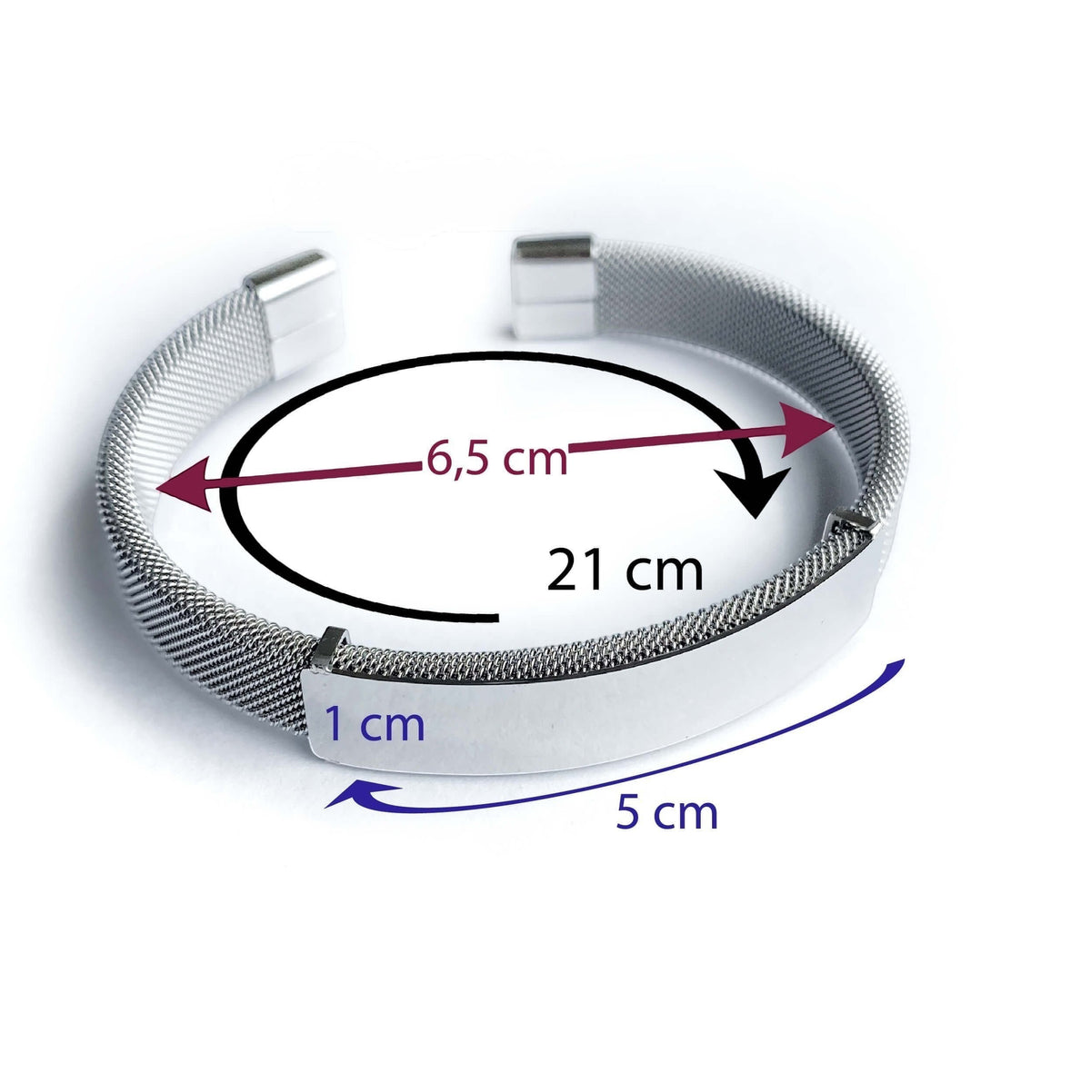 Brazalete esclava de malla Moment en acero quirúrgico plateado con placa personalizable y medidas detalladas.
