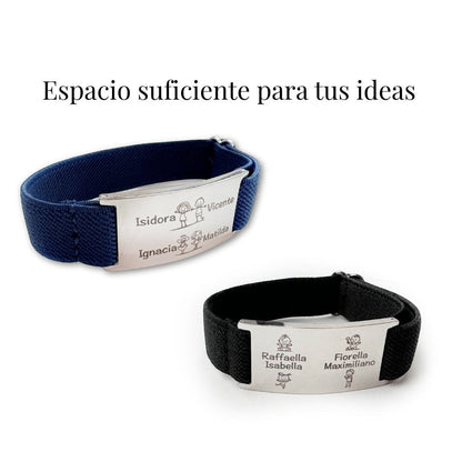 Dos brazaletes Moment elásticos y ajustables con placa de acero inoxidable grabada con nombres y dibujos infantiles