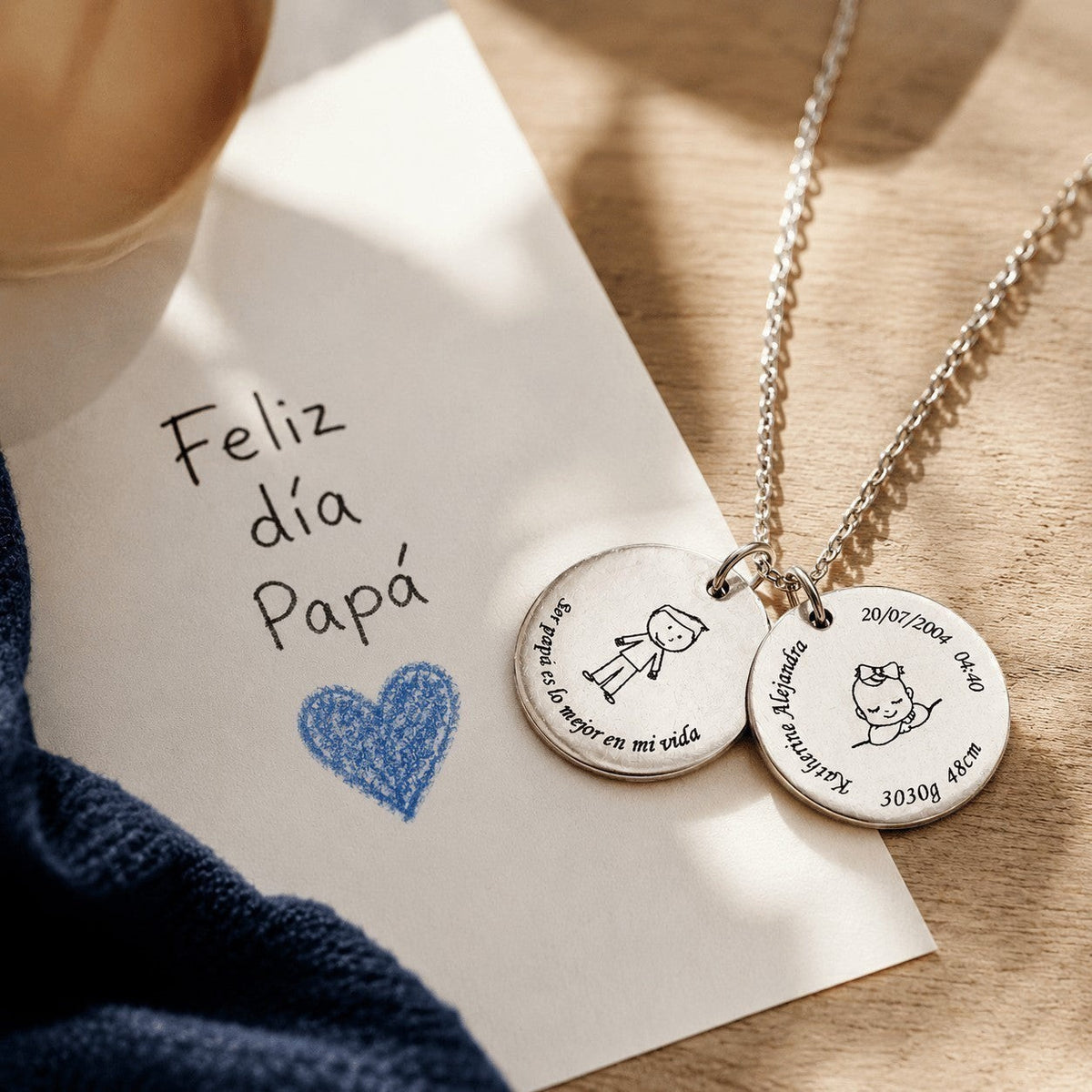 Collar Moment de acero inoxidable con dos medallas grabadas con dibujos y fechas sobre una nota escrita a mano