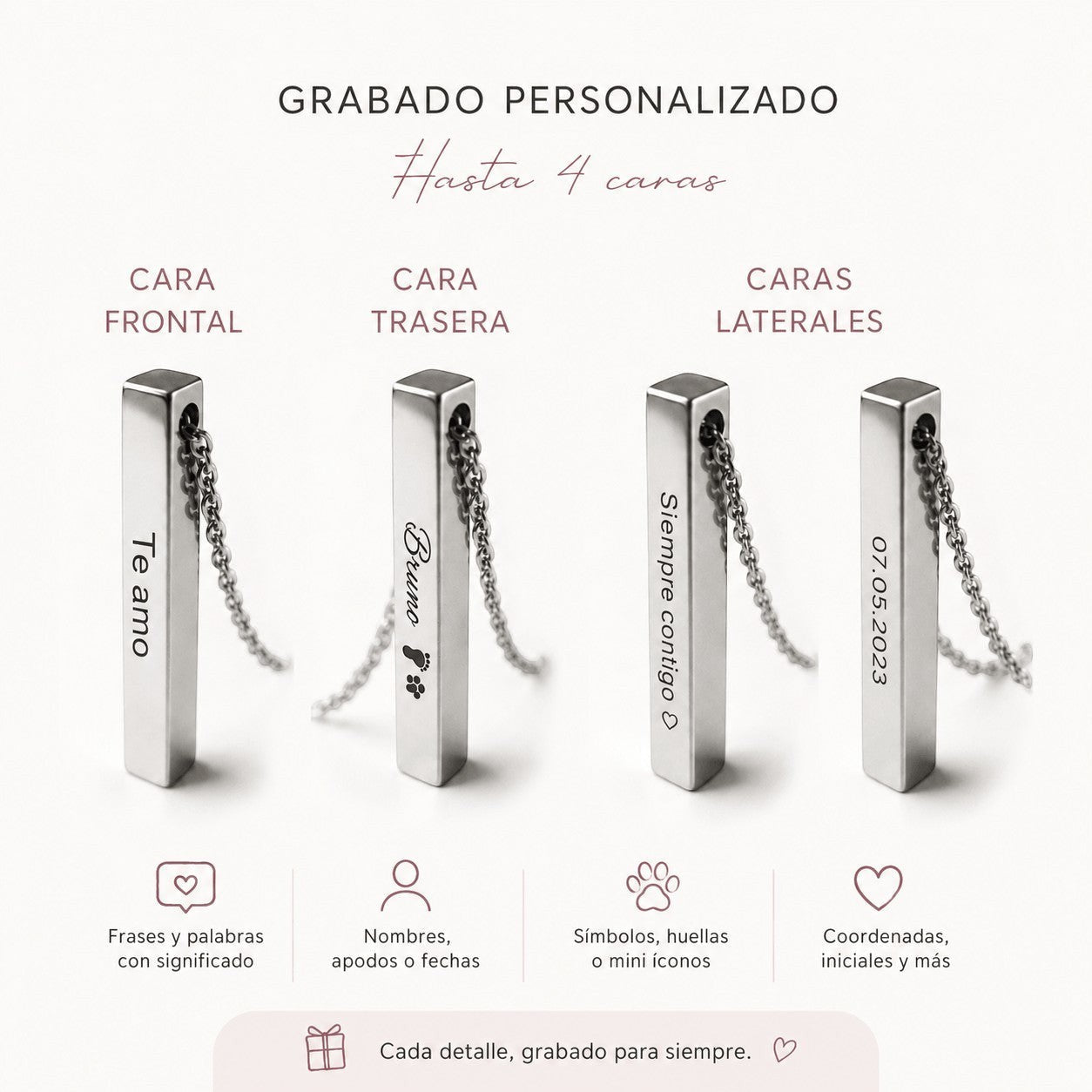 Collar Moment con barra de acero inoxidable grabada en sus cuatro caras con nombres, fechas y símbolos personalizados