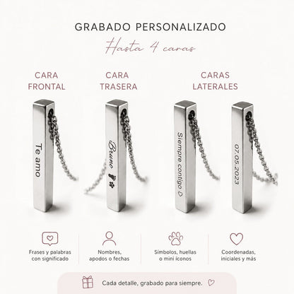 Collar Moment con barra de acero inoxidable grabada en sus cuatro caras con nombres, fechas y símbolos personalizados