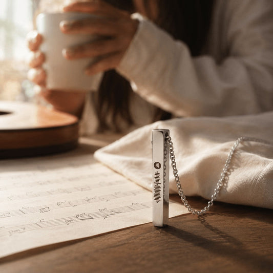 Collar Moment de acero inoxidable con barra grabada personalizada y código de música sobre partitura musical