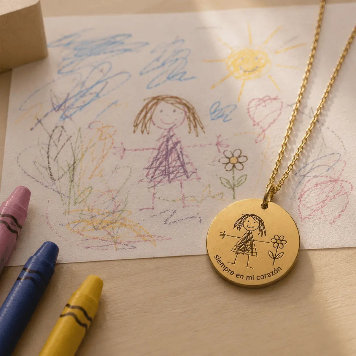 Collar Moment dorado de acero inoxidable con medalla redonda grabada con un dibujo infantil y frase personalizada