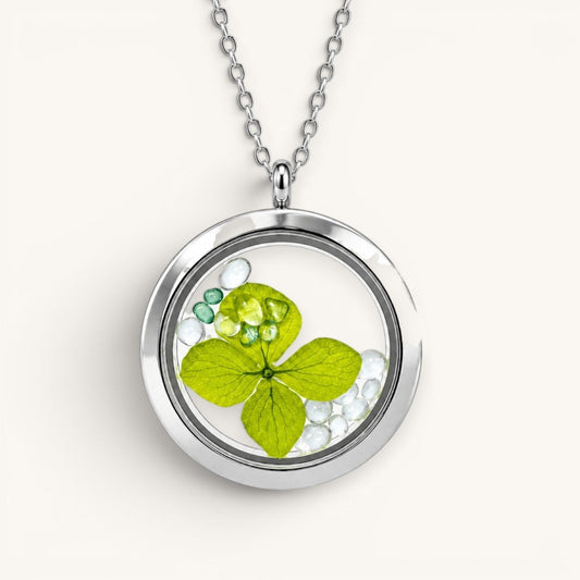 Collar Moment con medallón de acero quirúrgico y vidrio que contiene una hoja verde y minigemas decorativas