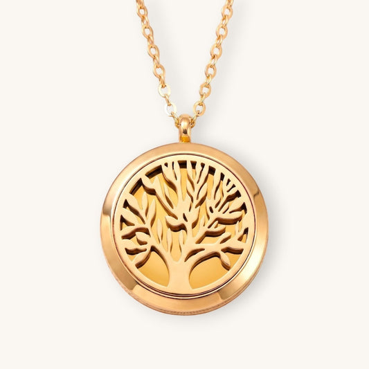 Collar Moment de acero inoxidable color oro rosa con medallón redondo y diseño calado de árbol de la vida