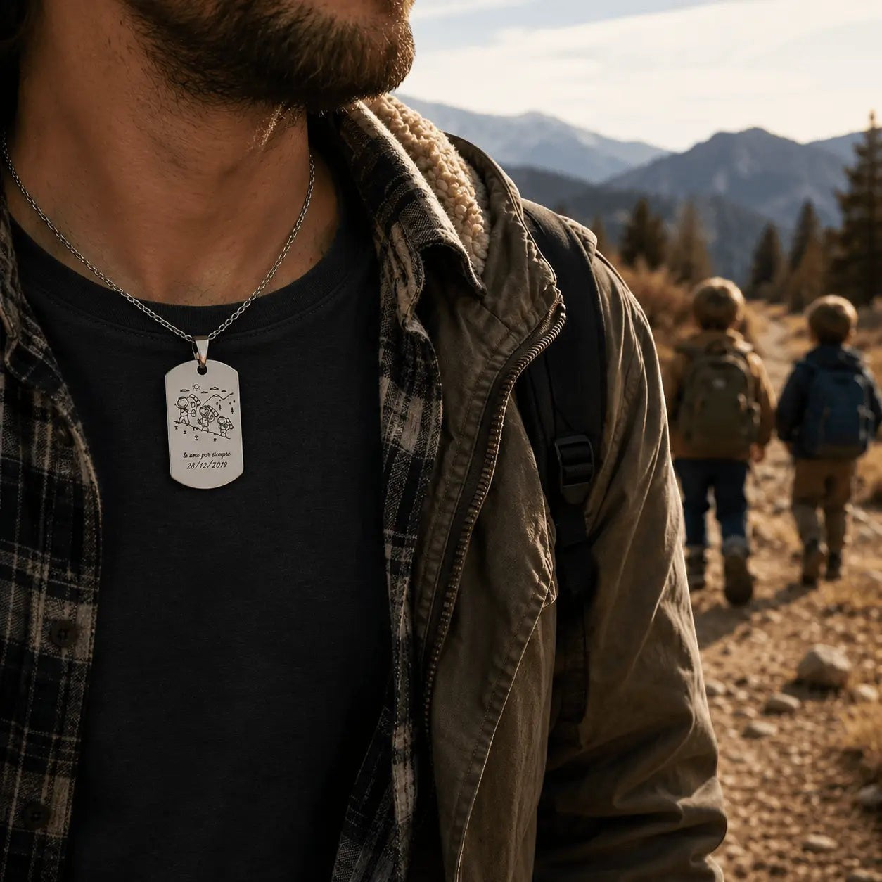 Collar militar Moment de acero inoxidable con grabado personalizado de dibujo infantil y fecha en un hombre al aire libre