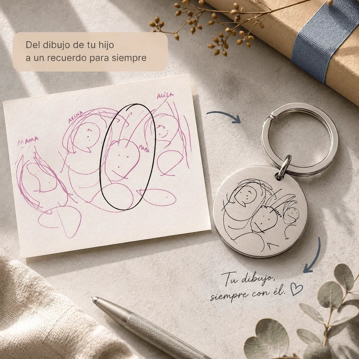 Llavero Moment de acero inoxidable plateado con el dibujo de un niño grabado, presentado junto a una nota de regalo.