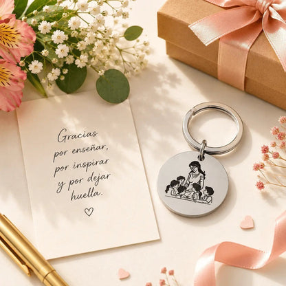 Llavero Moment de acero inoxidable plateado con grabado personalizado de profesora y alumnos junto a tarjeta de regalo