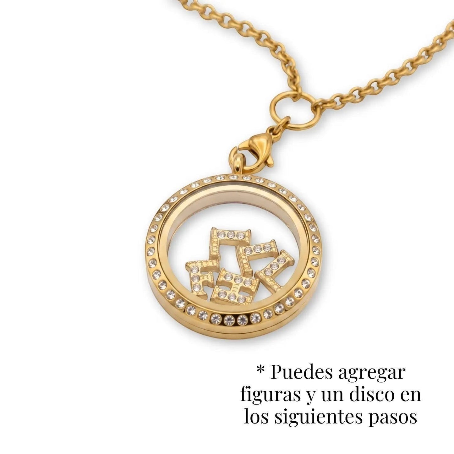 Medallón Moment dorado de acero quirúrgico con cristales y cadena, diseñado para personalizar con figuras internas.