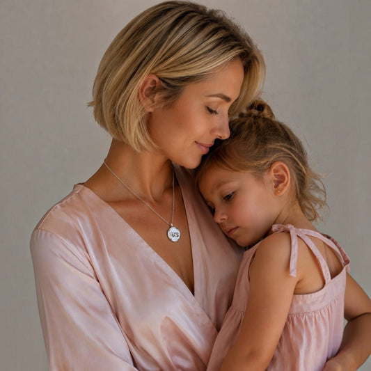 Mujer con su hija luciendo un medallón perfumado Moment de acero inoxidable con grabado de manitos y cadena de 50 cm