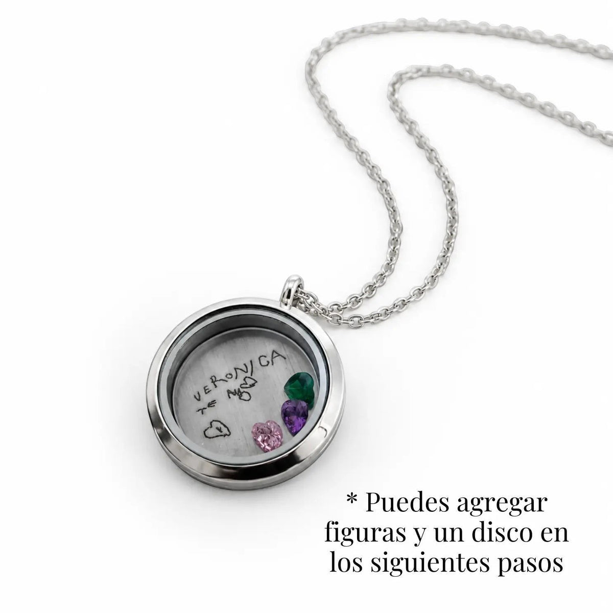 Medallón plateado Moment de acero quirúrgico con cadena, diseño circular con vidrio para figuras personalizables
