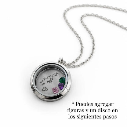 Medallón plateado Moment de acero quirúrgico con cadena, diseño circular con vidrio para figuras personalizables