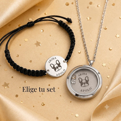 Set de pulsera de cordón negro y colgante de acero Moment con medallas grabadas con dibujo de perro y nombres