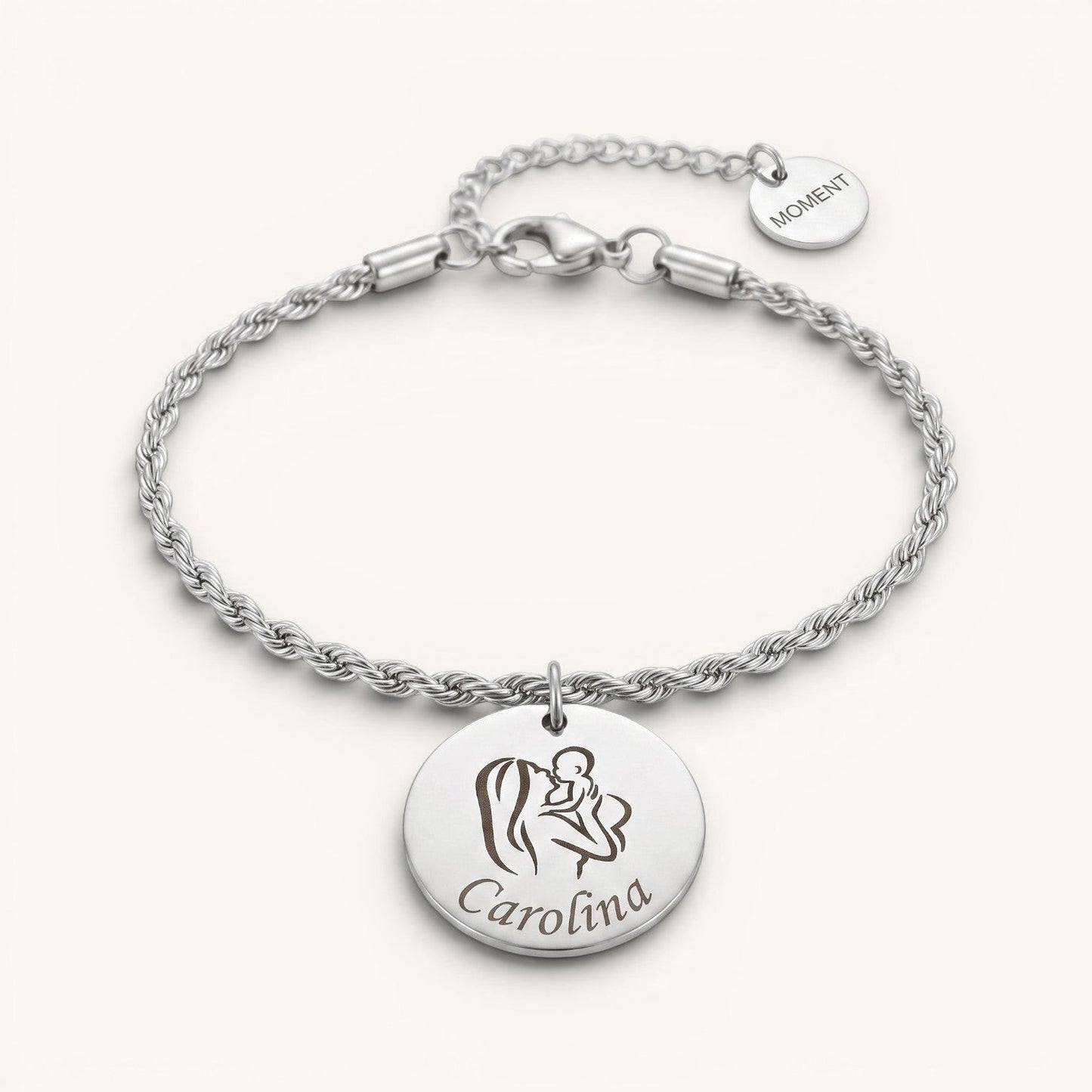 Pulsera Moment de acero inoxidable con cadena de cuerda y medalla redonda personalizada con grabado de madre e hijo.