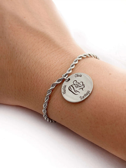 Pulsera Moment de acero inoxidable con cadena de cuerda y medalla redonda personalizada con nombres y dibujo grabado
