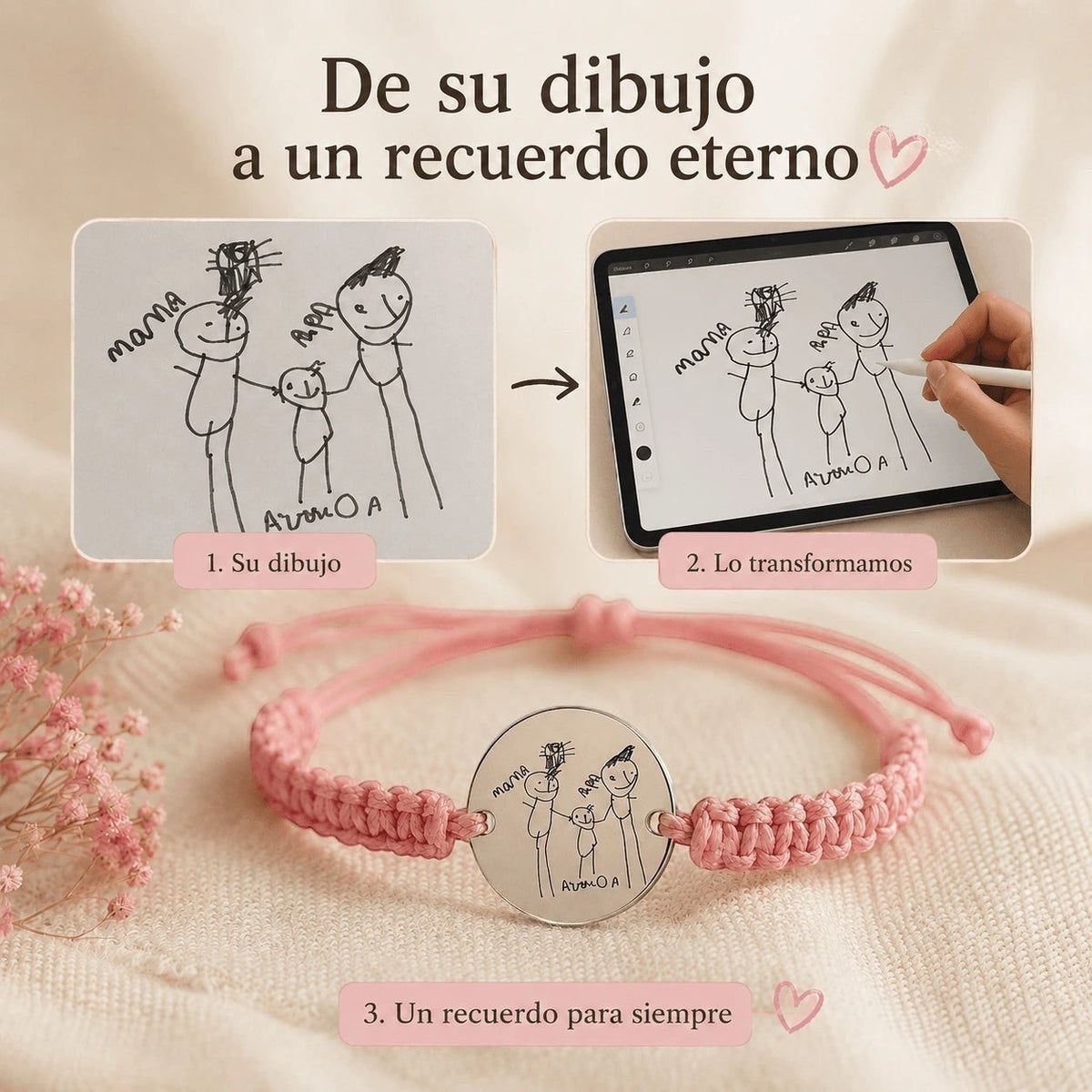 Pulsera Moment de cordón rosa ajustable con medalla grabada a partir de un dibujo infantil de una familia