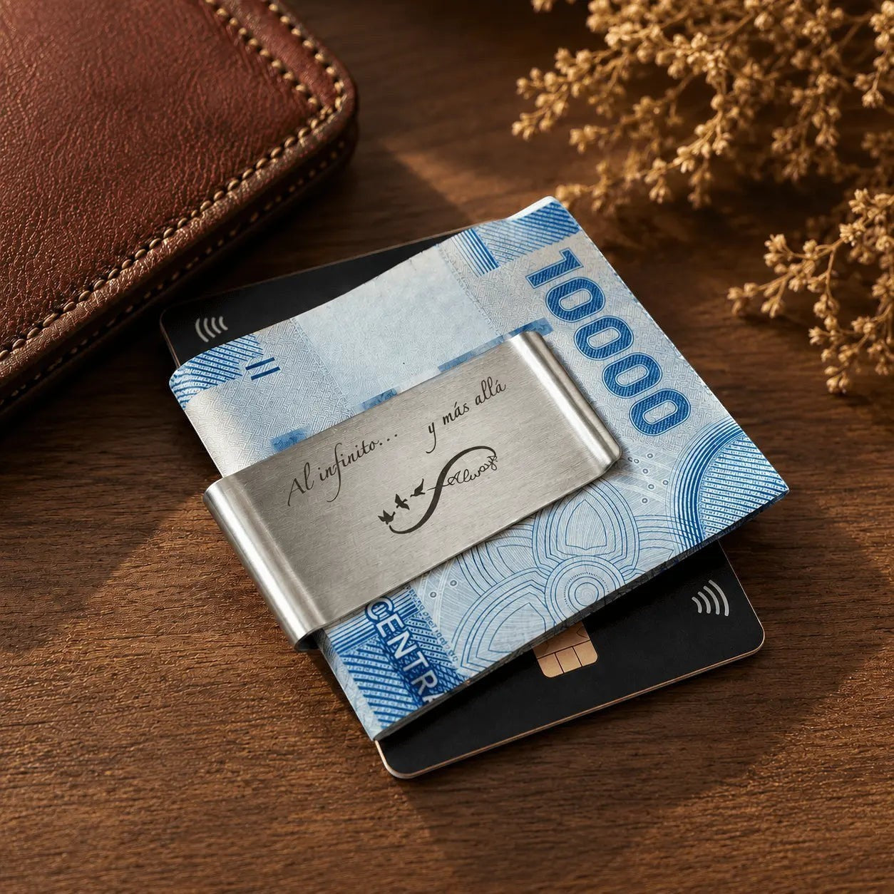 Sujetador de billetes Moment de acero inoxidable grabado con frase personalizada sobre tarjetas y billetes