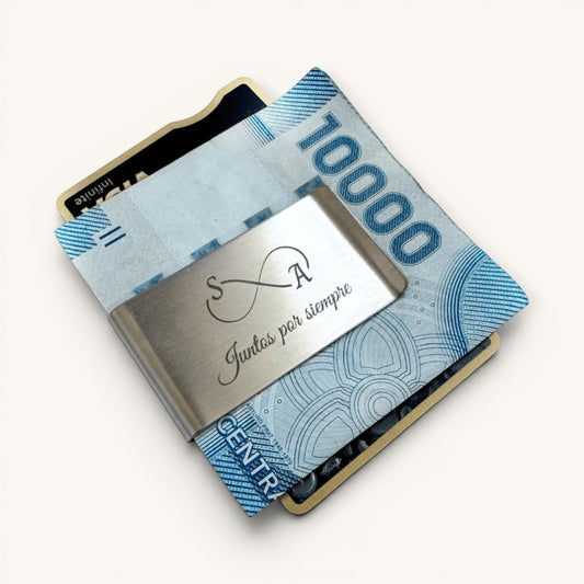 Sujetador de billetes y tarjetas Moment de acero inoxidable personalizado con grabado de símbolo infinito y frase